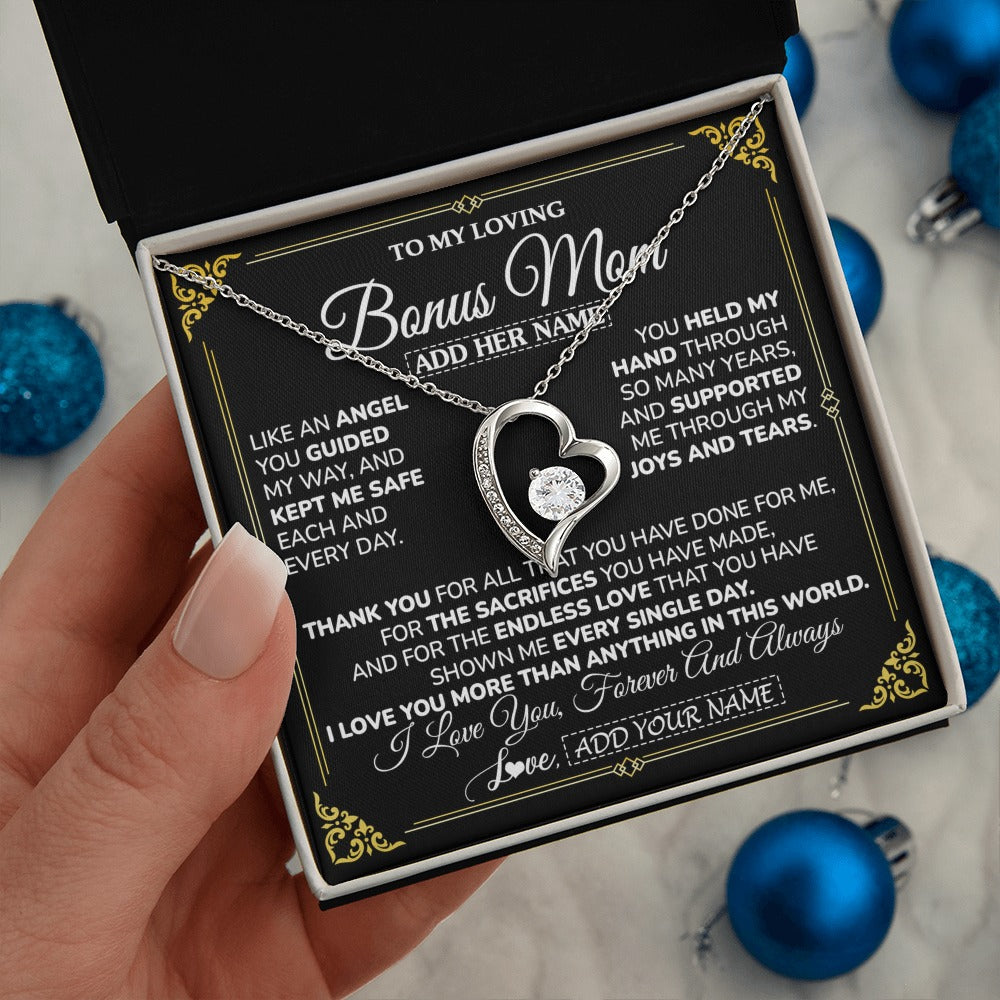 Forever Love Necklace 14K White Gold Finish | 2 | Personalized To My Bonus Mom Necklace Gifts Meaningful Gift To Stepmom From Stepdaughter Without You There Is No Me Mothers Day Birthday Gift Box Message Card | https://siriusteestore.