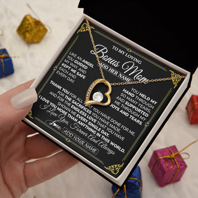 Forever Love Necklace 18K Yellow Gold Finish | 2 | Personalized To My Bonus Mom Necklace Gifts Meaningful Gift To Stepmom From Stepdaughter Without You There Is No Me Mothers Day Birthday Gift Box Message Card | https://siriusteestore.
