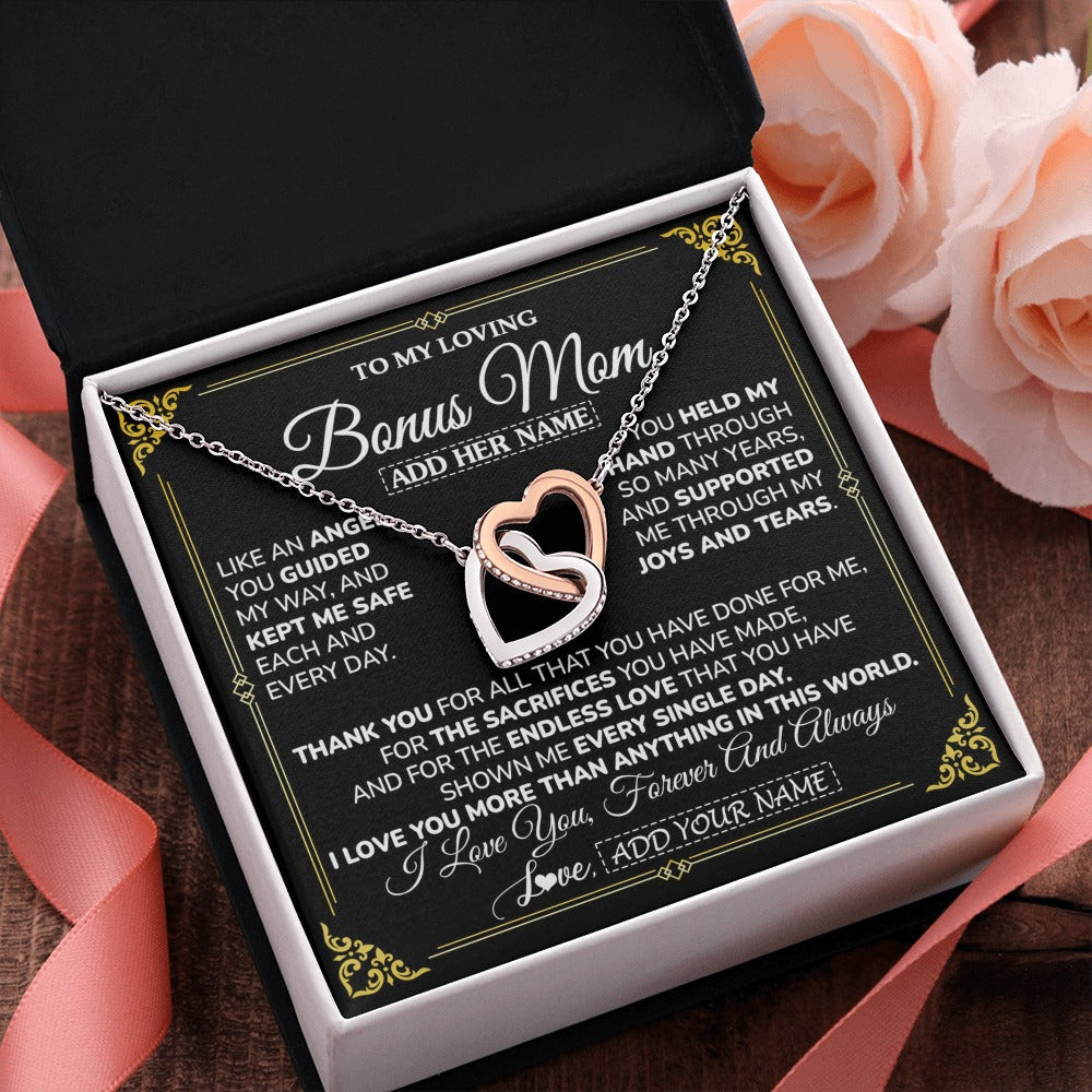 Interlocking Hearts Necklace Stainless Steel & Rose Gold Finish | 2 | Personalized To My Bonus Mom Necklace Gifts Meaningful Gift To Stepmom From Stepdaughter Without You There Is No Me Mothers Day Birthday Gift Box Message Card | https://siriusteestore.