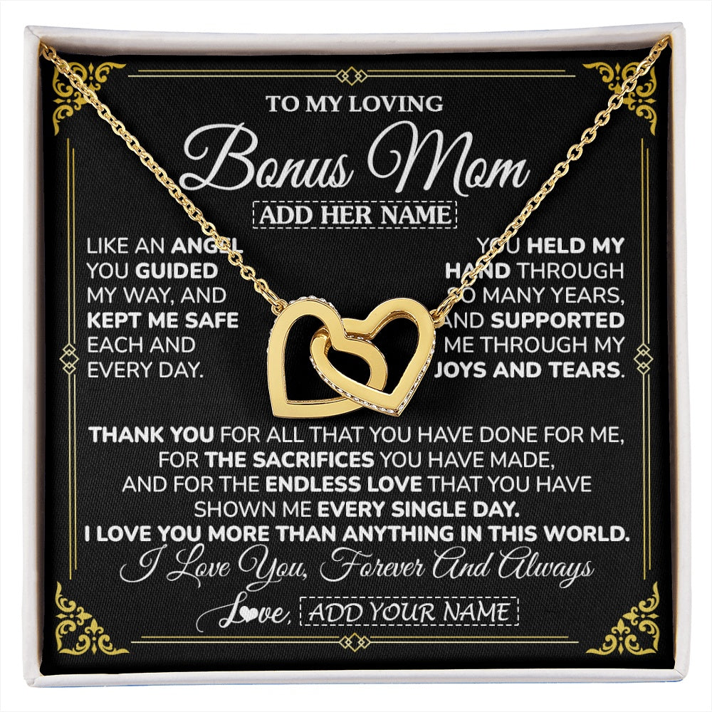 Interlocking Hearts Necklace 18K Yellow Gold Finish | 1 | Personalized To My Bonus Mom Necklace Gifts Meaningful Gift To Stepmom From Stepdaughter Without You There Is No Me Mothers Day Birthday Gift Box Message Card | https://siriusteestore.