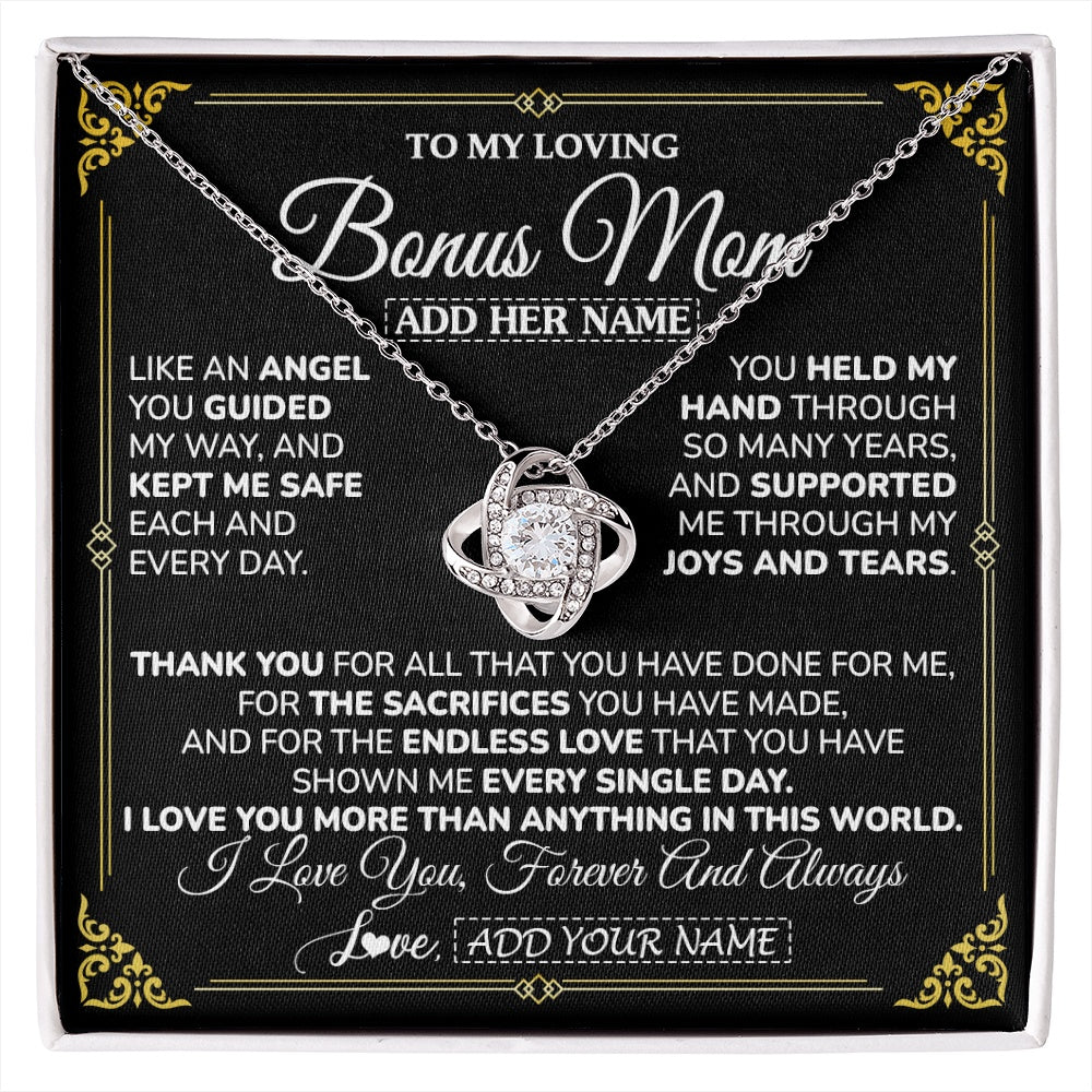 Love Knot Necklace 14K White Gold Finish | 1 | Personalized To My Bonus Mom Necklace Gifts Meaningful Gift To Stepmom From Stepdaughter Without You There Is No Me Mothers Day Birthday Gift Box Message Card | https://siriusteestore.