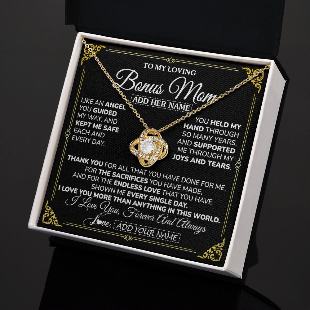 Love Knot Necklace 18K Yellow Gold Finish | 2 | Personalized To My Bonus Mom Necklace Gifts Meaningful Gift To Stepmom From Stepdaughter Without You There Is No Me Mothers Day Birthday Gift Box Message Card | https://siriusteestore.