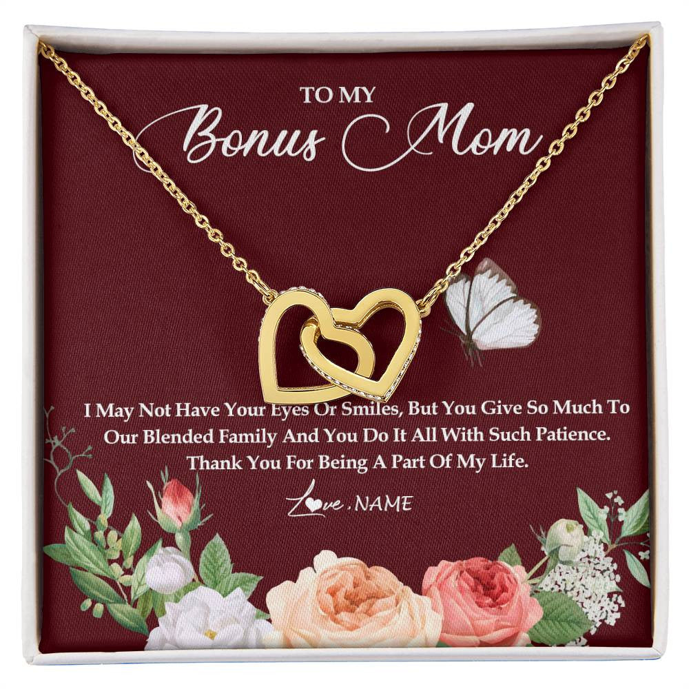 Interlocking Hearts Necklace 18K Yellow Gold Finish | Personalized To My Bonus Mom Necklace Thank You For Being A Part Of My Life Mother In Law Stepmom Jewelry Birthday Mothers Day Customized Gift Box Message Card | siriusteestore