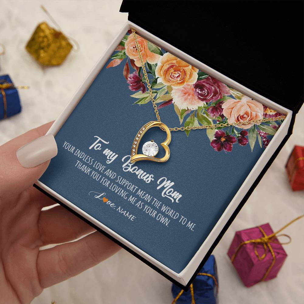 Forever Love Necklace 18K Yellow Gold Finish | Personalized To My Bonus Mom Necklace Your Endless Love and Support Stepmother Stepmom Jewelry Birthday Mothers Day Christmas Customized Gift Box Message Card | siriusteestore