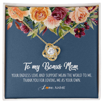 Love Knot Necklace 18K Yellow Gold Finish | Personalized To My Bonus Mom Necklace Your Endless Love and Support Stepmother Stepmom Jewelry Birthday Mothers Day Christmas Customized Gift Box Message Card | siriusteestore