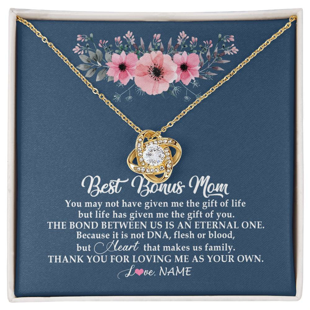 Love Knot Necklace 18K Yellow Gold Finish | Personalized To My Bonus Mom Necklace from Daughter Thank You For Loving Me Bonus Mom Jewelry Birthday Mothers Day Christmas Customized Message Card | siriusteestore