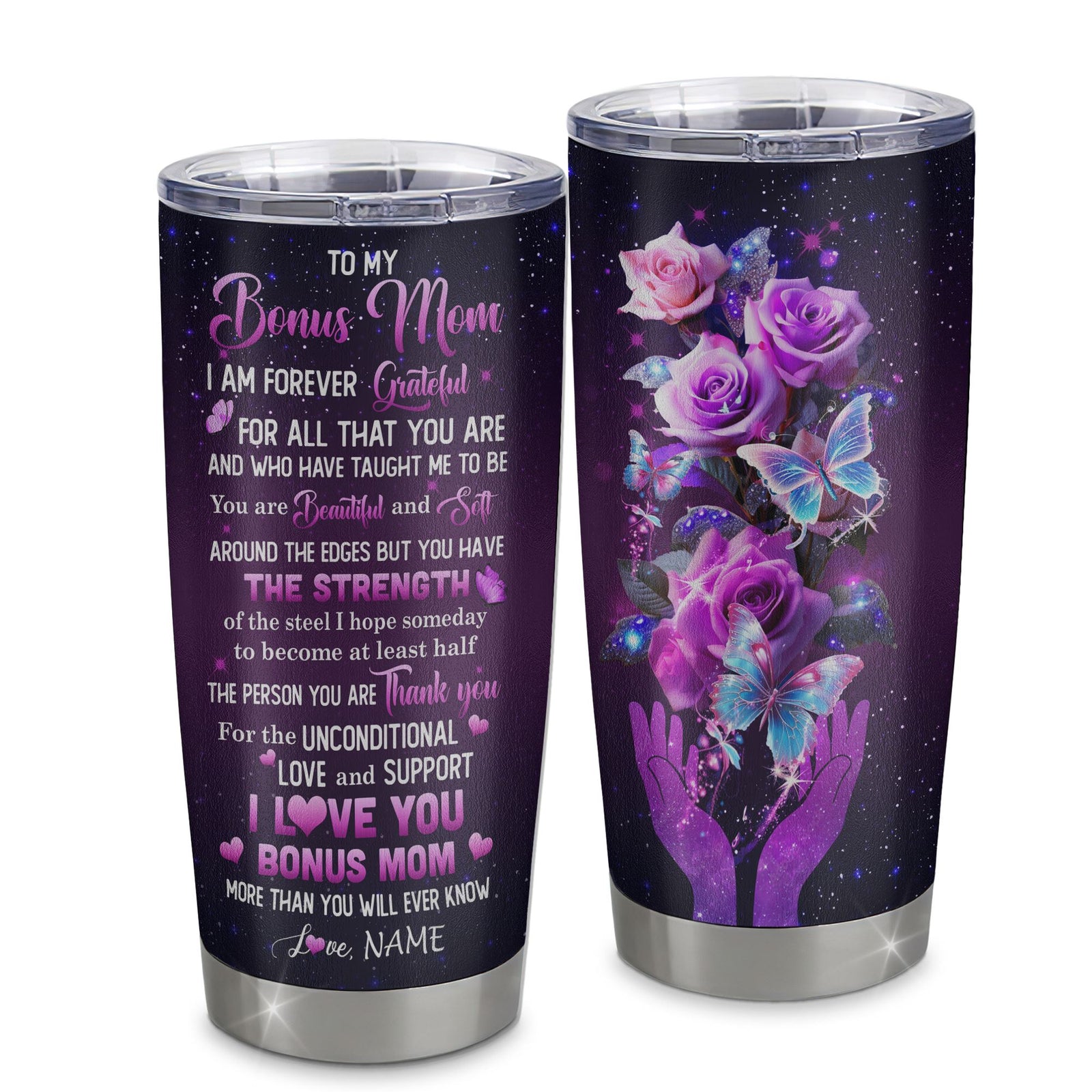 Personalized To My Bonus Mom Tumbler From Daughter Stainless Steel Cup Thank You For Love Butterfly Stepmom Gift Birthday Mothers Day Christmas Travel Mug | siriusteestore