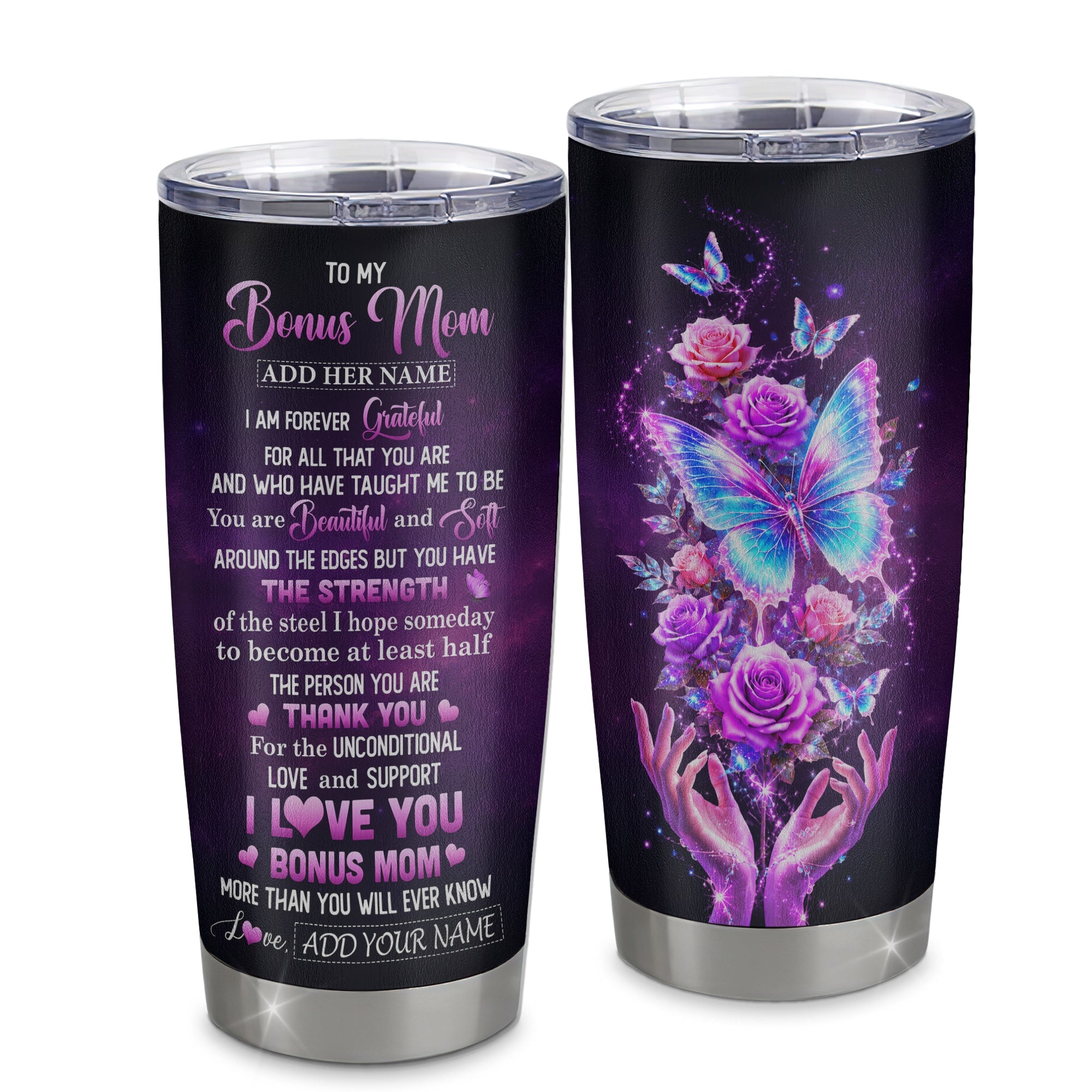 Personalized To My Bonus Mom Tumbler From Daughter Thank You For Love Butterfly Stepmom Birthday Gifts Mothers Day Christmas Custom Stainless Steel Mug | siriusteestore