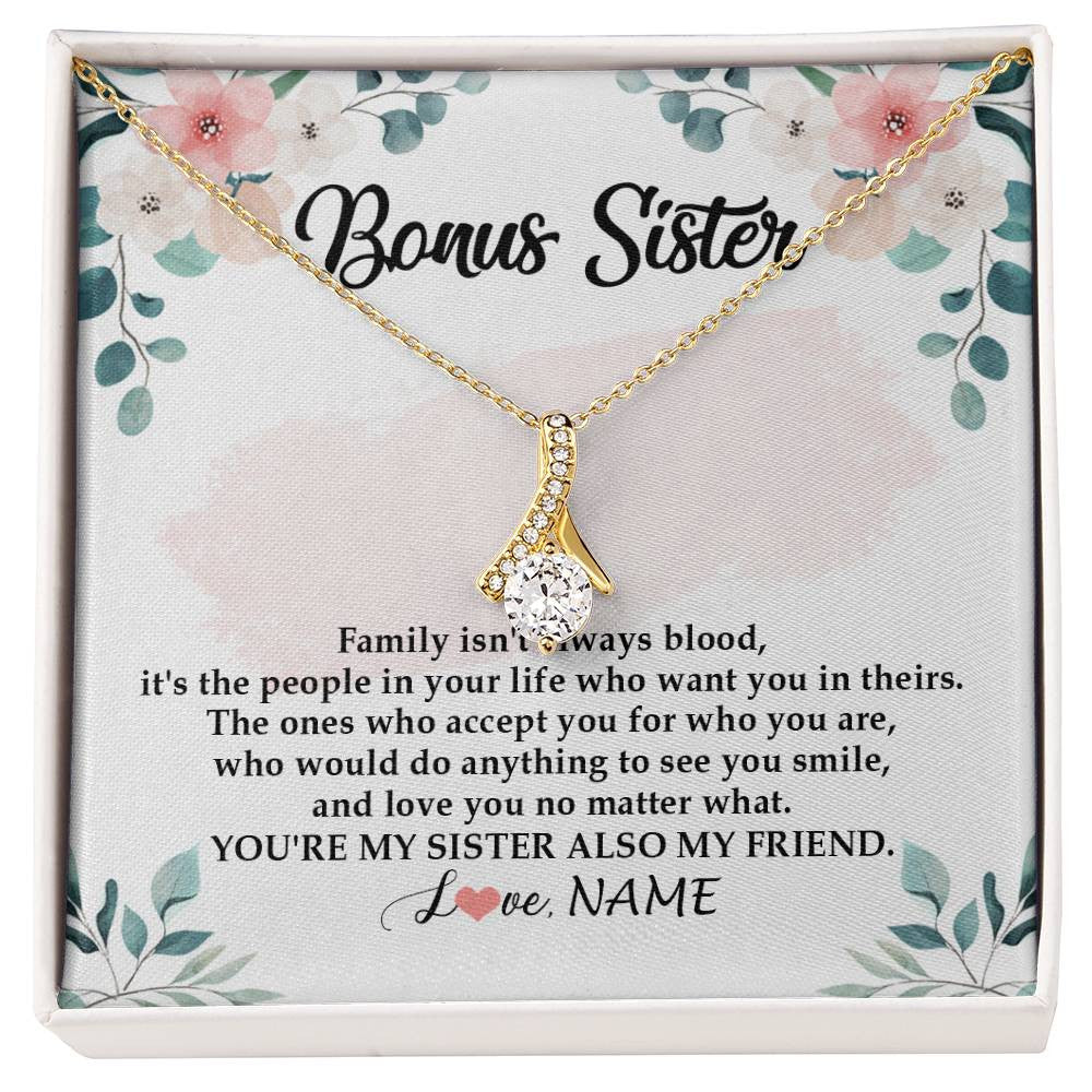 Alluring Beauty Necklace 18K Yellow Gold Finish | Personalized To My Bonus Sister Necklace You're My Sister Also My Friend Sister Pendant Jewelry Wedding Birthday Christmas Customized Gift Box Message Card | siriusteestore