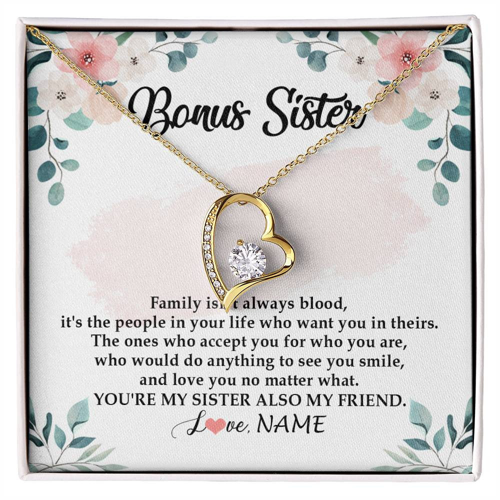 Forever Love Necklace 18K Yellow Gold Finish | Personalized To My Bonus Sister Necklace You're My Sister Also My Friend Sister Pendant Jewelry Wedding Birthday Christmas Customized Gift Box Message Card | siriusteestore