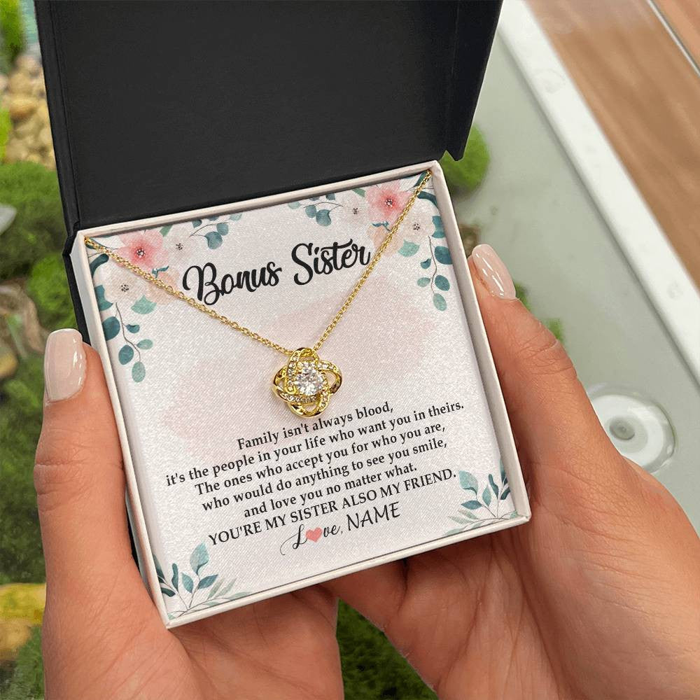 Love Knot Necklace 18K Yellow Gold Finish | Personalized To My Bonus Sister Necklace You're My Sister Also My Friend Sister Pendant Jewelry Wedding Birthday Christmas Customized Gift Box Message Card | siriusteestore