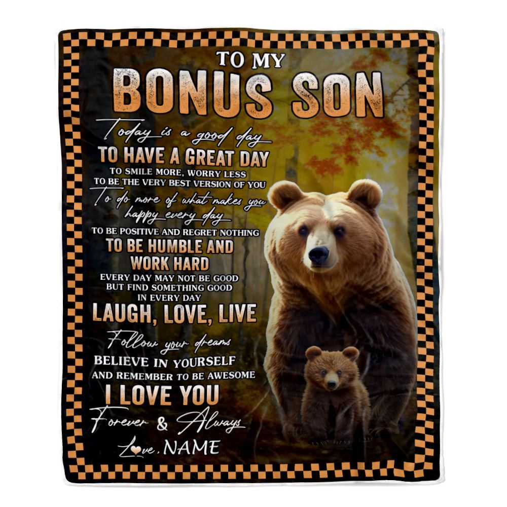 Personalized To My Bonus Son Bear Blanket From Stepmother Every Day Laugh Love Live Stepson Birthday Gifts Christmas Customized Fleece Throw Blanket | siriusteestore
