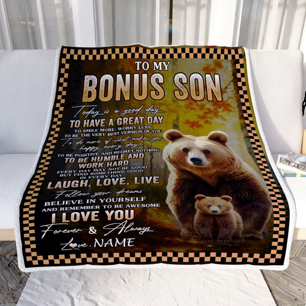 Personalized To My Bonus Son Bear Blanket From Stepmother Every Day Laugh Love Live Stepson Birthday Gifts Christmas Customized Fleece Throw Blanket | siriusteestore