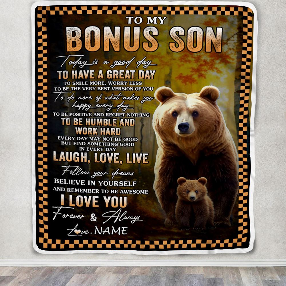 Personalized To My Bonus Son Bear Blanket From Stepmother Every Day Laugh Love Live Stepson Birthday Gifts Christmas Customized Fleece Throw Blanket | siriusteestore