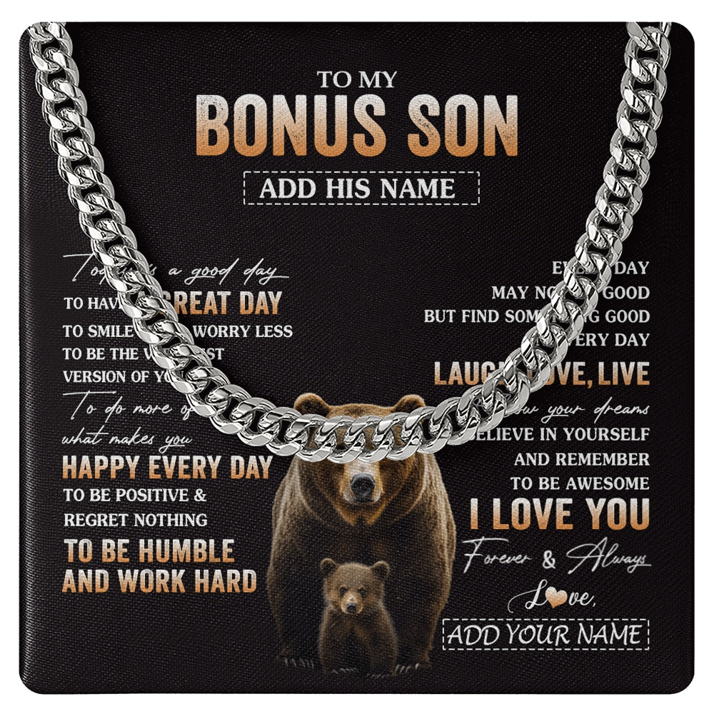 Cuban Link Chain Necklace Stainless Steel | 1 | Personalized To My Bonus Son Bear Necklace From Stepmother Stepfather Every Day Laugh Love Live Stepson Birthday Gifts Christmas Custom Gift Box Message Card | https://siriusteestore.