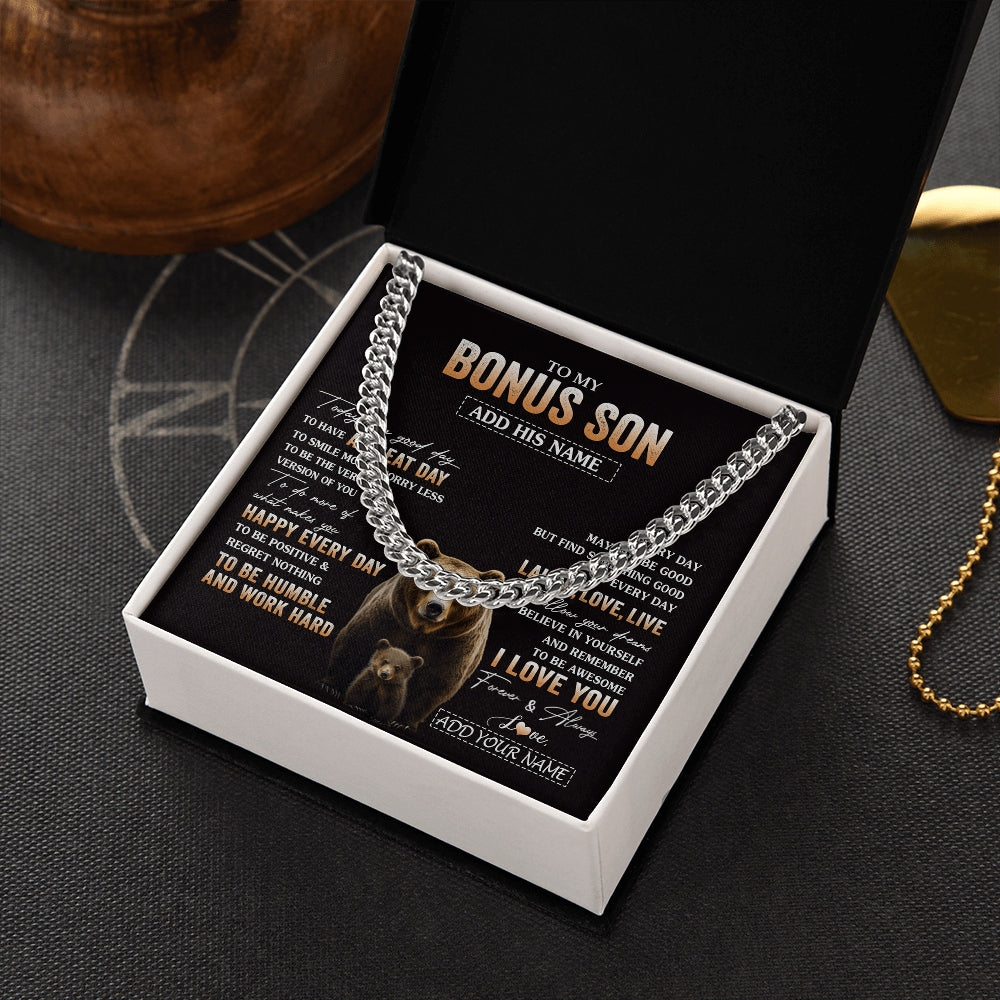 Cuban Link Chain Necklace Stainless Steel | 2 | Personalized To My Bonus Son Bear Necklace From Stepmother Stepfather Every Day Laugh Love Live Stepson Birthday Gifts Christmas Custom Gift Box Message Card | https://siriusteestore.
