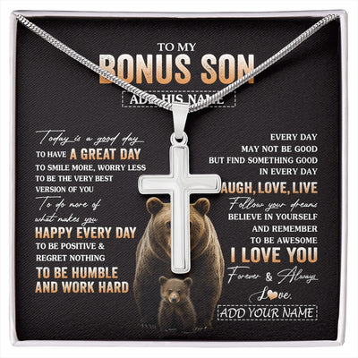 Stainless Cross Necklace Stainless Steel | 1 | Personalized To My Bonus Son Bear Necklace From Stepmother Stepfather Every Day Laugh Love Live Stepson Birthday Gifts Christmas Custom Gift Box Message Card | https://siriusteestore.