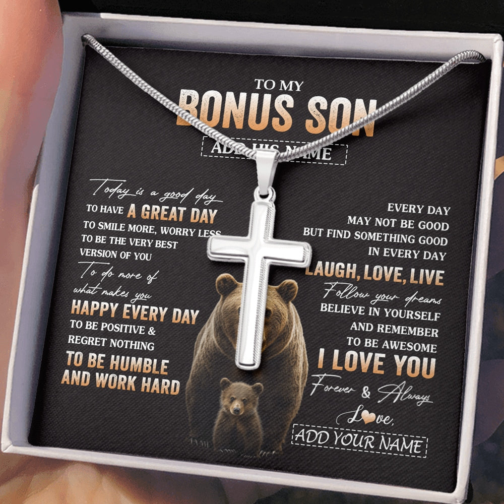 Stainless Cross Necklace Stainless Steel | 2 | Personalized To My Bonus Son Bear Necklace From Stepmother Stepfather Every Day Laugh Love Live Stepson Birthday Gifts Christmas Custom Gift Box Message Card | https://siriusteestore.