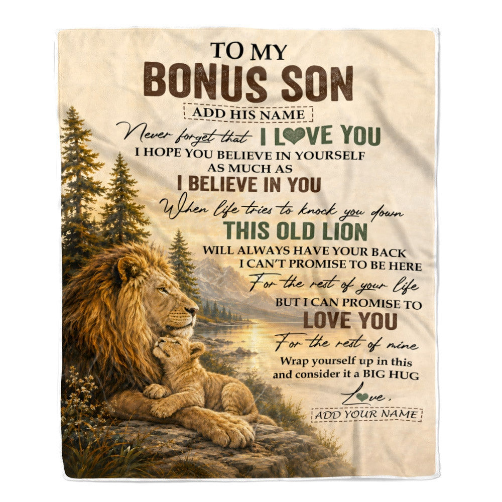 Personalized To My Bonus Son Birthday Gifts From Stepdad This Old Lion Blanket Stepson Gifts Graduation Christmas Gift Ideas For Men Fleece Throw Blanket | siriusteestore