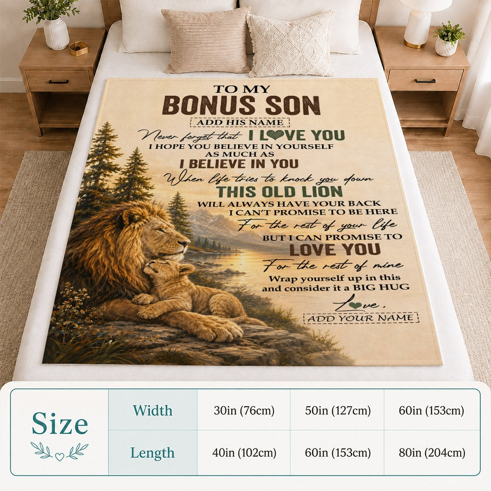 Personalized To My Bonus Son Birthday Gifts From Stepdad This Old Lion Blanket Stepson Gifts Graduation Christmas Gift Ideas For Men Fleece Throw Blanket | siriusteestore