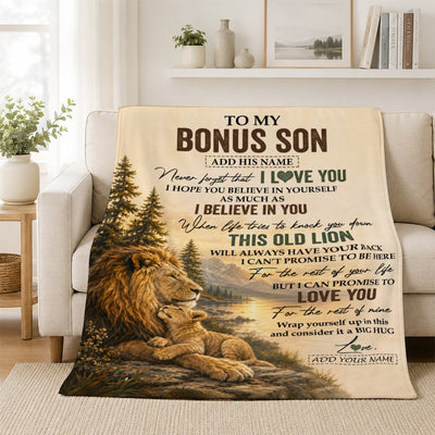 Personalized To My Bonus Son Birthday Gifts From Stepdad This Old Lion Blanket Stepson Gifts Graduation Christmas Gift Ideas For Men Fleece Throw Blanket | siriusteestore