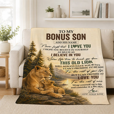 Personalized To My Bonus Son Birthday Gifts From Stepmom This Old Lion Blanket Stepson Gifts Graduation Christmas Gift Ideas For Men Fleece Throw Blanket | siriusteestore