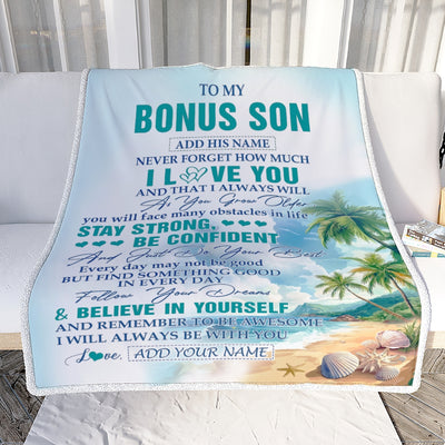 Personalized To My Bonus Son Blanket Beach I Love You Forever From Stepmom Stepdad Stepson Birthday Gifts Christmas Graduation Customized Fleece Blanket | siriusteestore