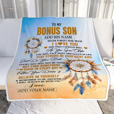 Personalized To My Bonus Son Blanket Dream Catcher I Love You Forever From Stepmom Stepdad Stepson Birthday Gifts Christmas Graduation Custom Fleece Blanket | siriusteestore