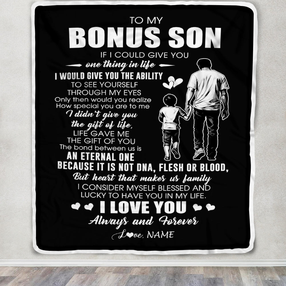 Personalized To My Bonus Son Blanket From Bonus Dad It Is Not DNA I Love You Stepson Birthday Meaningful Christmas Customized Gift Fleece Throw Blanket | siriusteestore