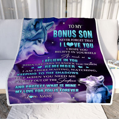 Personalized To My Bonus Son Blanket From Mom Wolf Moon My Love For You Is Forever Stepson Birthday Graduation Christmas Customized Fleece Blanket | siriusteestore