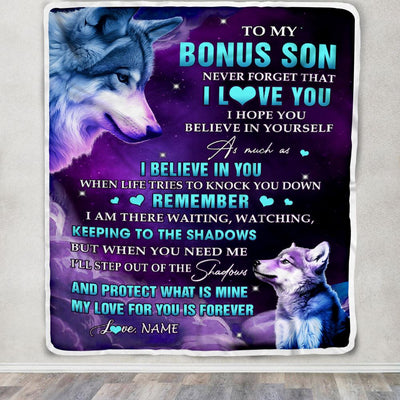 Personalized To My Bonus Son Blanket From Mom Wolf Moon My Love For You Is Forever Stepson Birthday Graduation Christmas Customized Fleece Blanket | siriusteestore