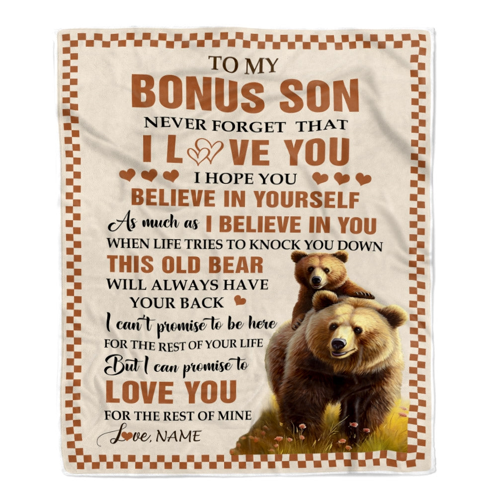 Personalized To My Bonus Son Blanket From Step Mom Dad This Old Bear Love You Stepson Birthday Gifts Graduation Christmas Customized Bed Fleece Throw Blanket | siriusteestore
