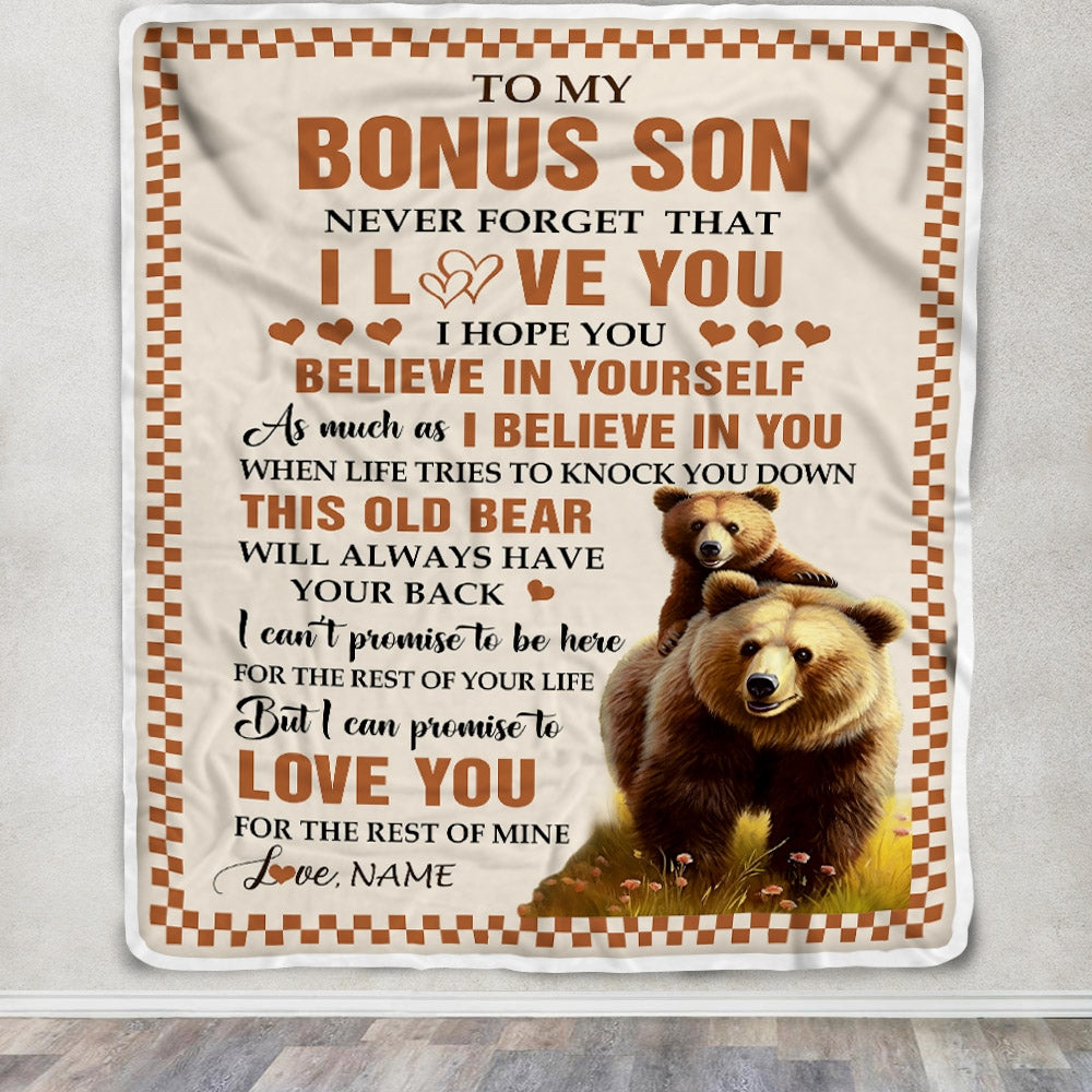 Personalized To My Bonus Son Blanket From Step Mom Dad This Old Bear Love You Stepson Birthday Gifts Graduation Christmas Customized Bed Fleece Throw Blanket | siriusteestore