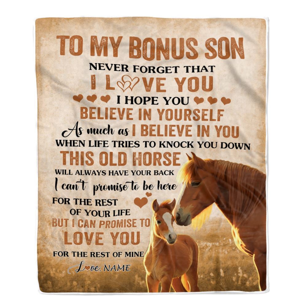 Personalized To My Bonus Son Blanket From Step Mom Dad This Old Horse Love Stepson Birthday Gifts Graduation Christmas Customized Bed Fleece Throw Blanket | siriusteestore