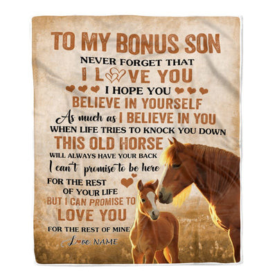 Personalized To My Bonus Son Blanket From Step Mom Dad This Old Horse Love Stepson Birthday Gifts Graduation Christmas Customized Bed Fleece Throw Blanket | siriusteestore