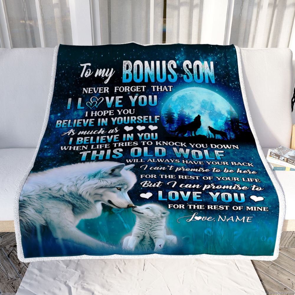 Personalized To My Bonus Son Blanket From Step Mom Dad This Old Wolf Love Stepson Birthday Gifts Graduation Christmas Customized Bed Fleece Throw Blanket | siriusteestore