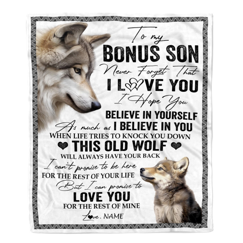 Personalized To My Bonus Son Blanket From Step Mom Dad This Old Wolf Love You Stepson Birthday Gifts Graduation Christmas Customized Fleece Blanket | siriusteestore