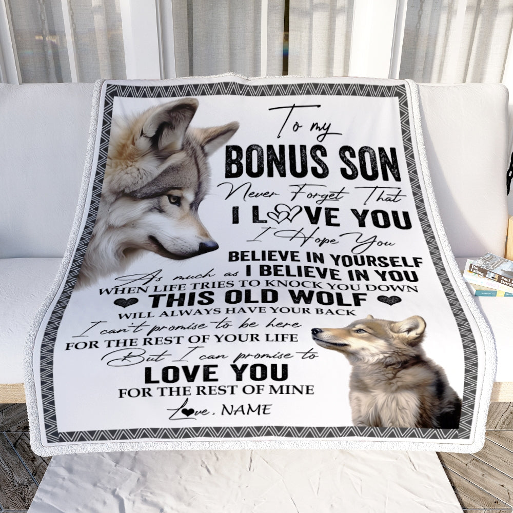 Personalized To My Bonus Son Blanket From Step Mom Dad This Old Wolf Love You Stepson Birthday Gifts Graduation Christmas Customized Fleece Blanket | siriusteestore