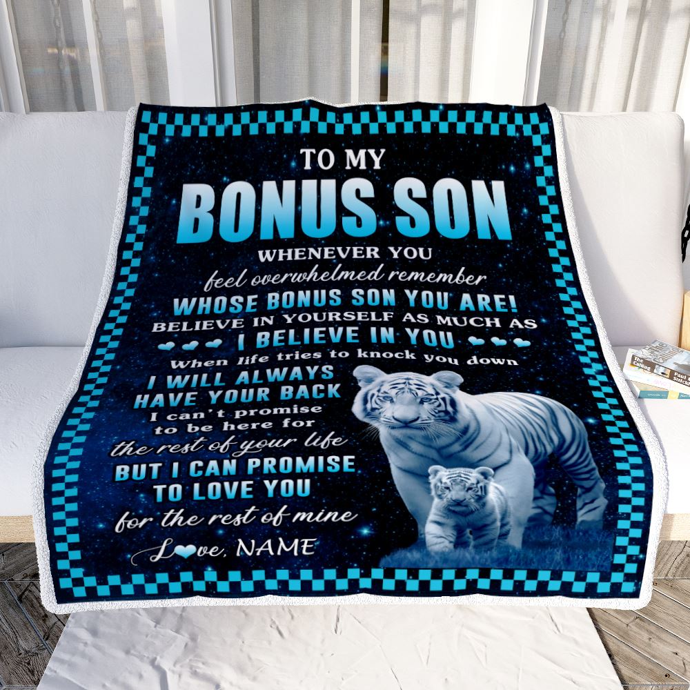 Personalized To My Bonus Son Blanket From Step Mom Dad Whenever You Feel White Tiger Stepson Birthday Gifts Graduation Christmas Fleece Blanket | siriusteestore