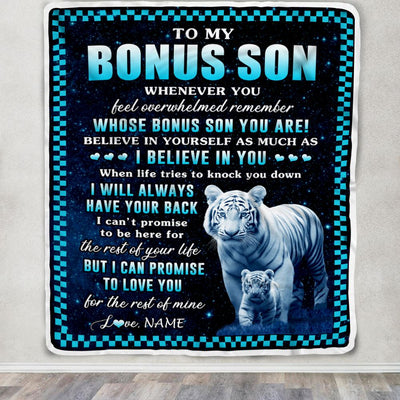 Personalized To My Bonus Son Blanket From Step Mom Dad Whenever You Feel White Tiger Stepson Birthday Gifts Graduation Christmas Fleece Blanket | siriusteestore