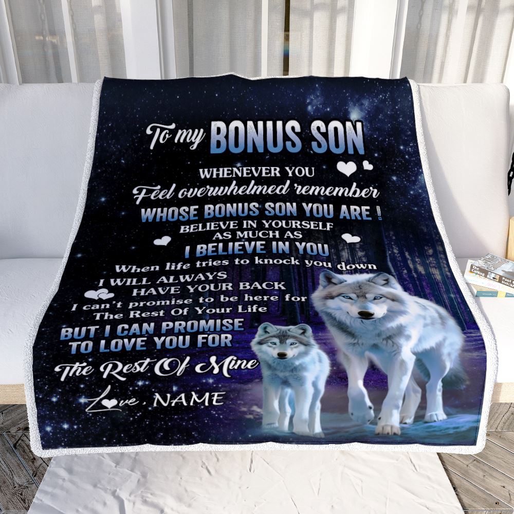 Personalized To My Bonus Son Blanket From Step Mom Dad Whenever You Feel Wolf Stepson Birthday Gifts Graduation Christmas Fleece Throw Blanket | siriusteestore