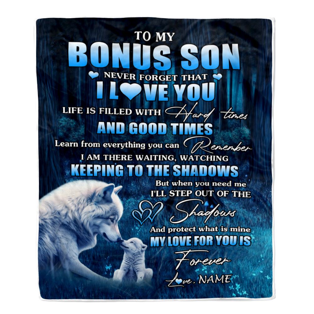 Personalized To My Bonus Son Blanket From Step Mom Dad Wolf Never Forget That I Love You Moon Dark Forest Stepson Birthday Gifts Christmas Fleece Blanket | siriusteestore