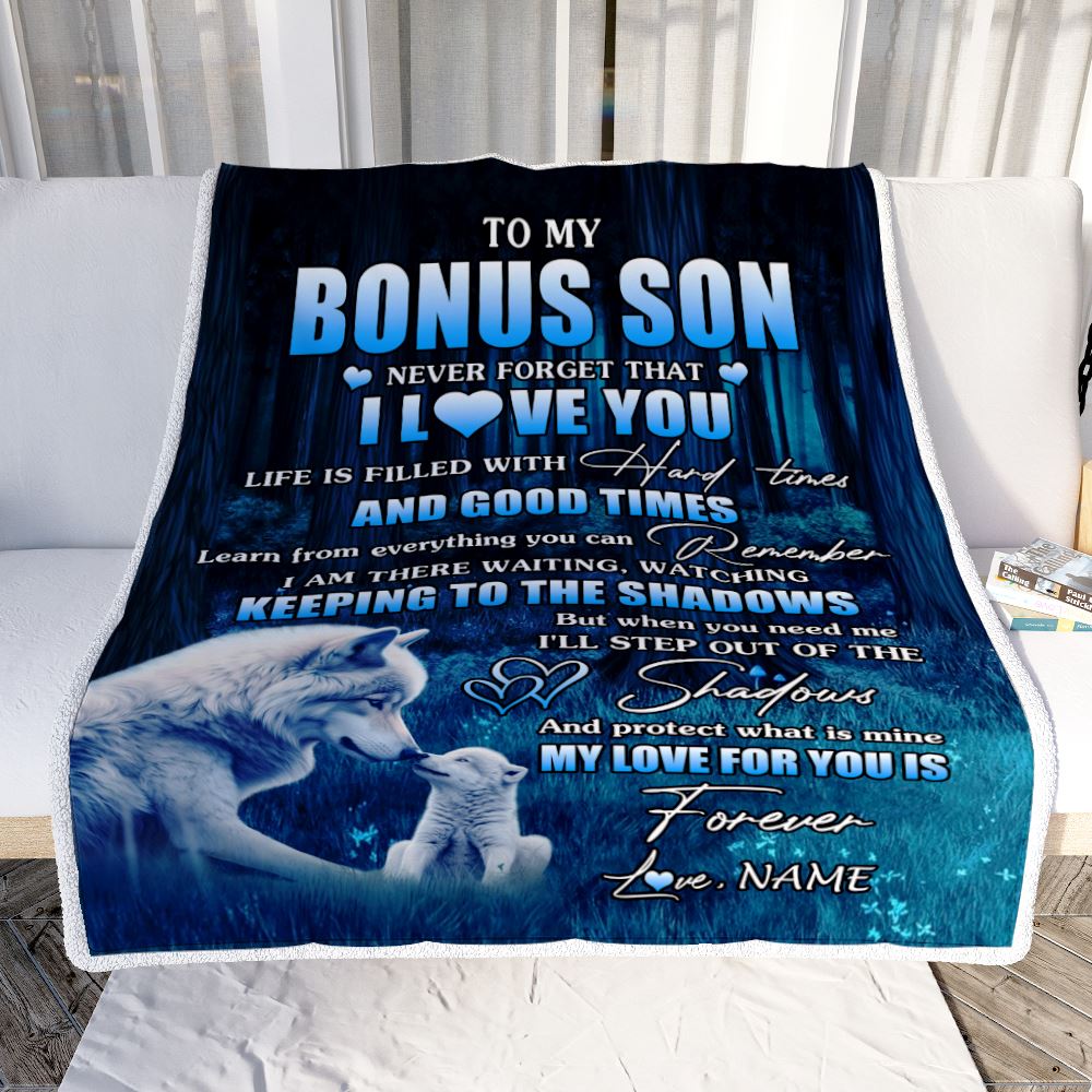 Personalized To My Bonus Son Blanket From Step Mom Dad Wolf Never Forget That I Love You Moon Dark Forest Stepson Birthday Gifts Christmas Fleece Blanket | siriusteestore