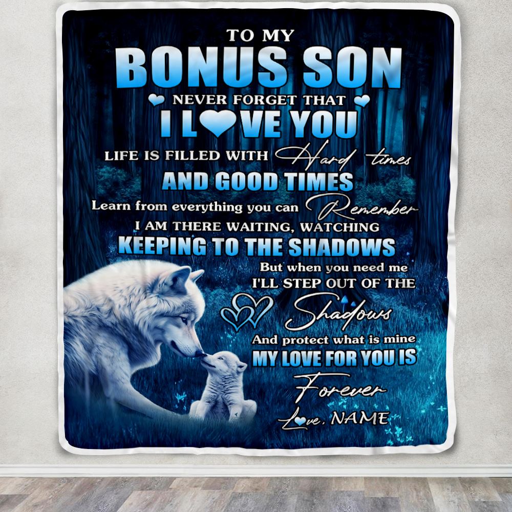 Personalized To My Bonus Son Blanket From Step Mom Dad Wolf Never Forget That I Love You Moon Dark Forest Stepson Birthday Gifts Christmas Fleece Blanket | siriusteestore