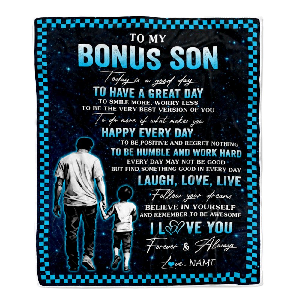 Personalized To My Bonus Son Blanket From Stepdad Every Day Laugh Love Live Stepdad Stepson Birthday Gifts Graduation Christmas Customized Fleece Blanket | siriusteestore