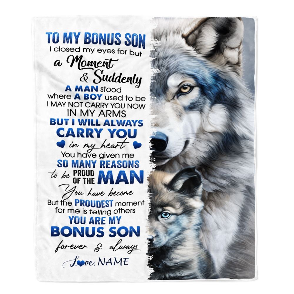 Personalized To My Bonus Son Blanket From Stepdad I Close My Eyes For But A Moment Wolf Stepson Birthday Graduation Christmas Customized Gift Fleece Blanket | siriusteestore