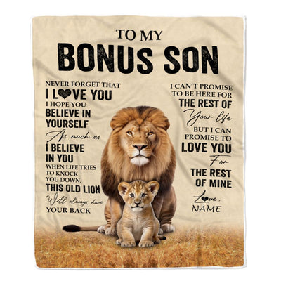 Personalized To My Bonus Son Blanket From Stepdad Lion Never Forget That I Love You Stepson Birthday Gifts Graduation Christmas Customized Fleece Throw Blanket | siriusteestore