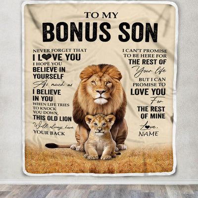 Personalized To My Bonus Son Blanket From Stepdad Lion Never Forget That I Love You Stepson Birthday Gifts Graduation Christmas Customized Fleece Throw Blanket | siriusteestore