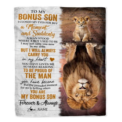 Personalized To My Bonus Son Blanket From Stepdad Lion Proud Of The Man You Have Become Stepson Birthday Gifts Graduation Christmas Custom Fleece Blanket | siriusteestore
