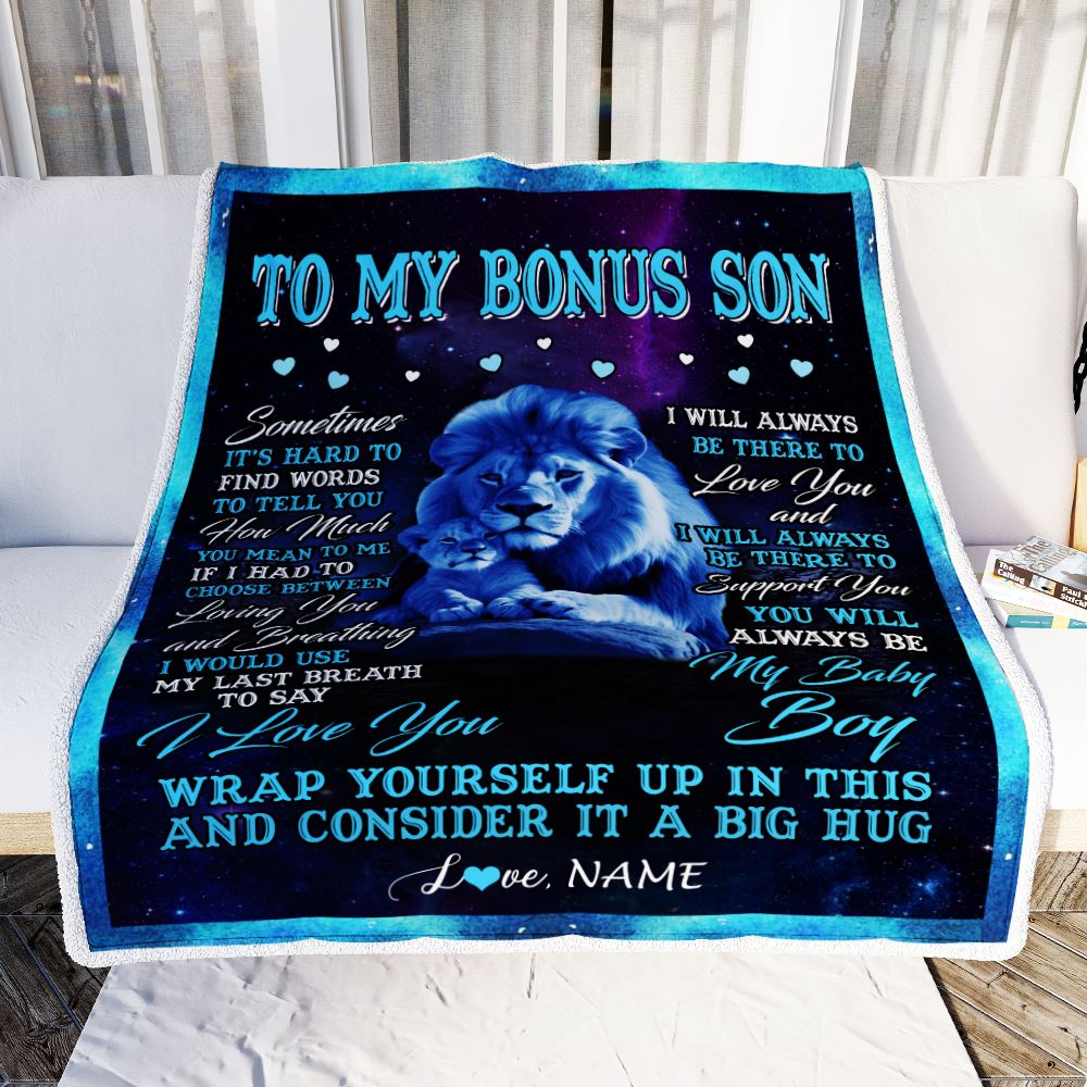 Personalized To My Bonus Son Blanket From Stepdad Sometimes It's Hard Lion Stepson Gift Birthday Graduation Christmas Custom Customized Fleece Throw Blanket | siriusteestore